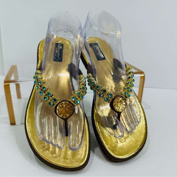 GRANDCO SANDALS GOLD BEJEWELED AQUA AND GOLD BLING WOMENS SIZE 9 GREAT COND - Picture 6 of 8